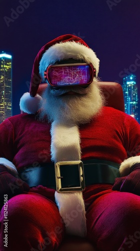 Santa Claus in virtual reality glasses against a city backdrop