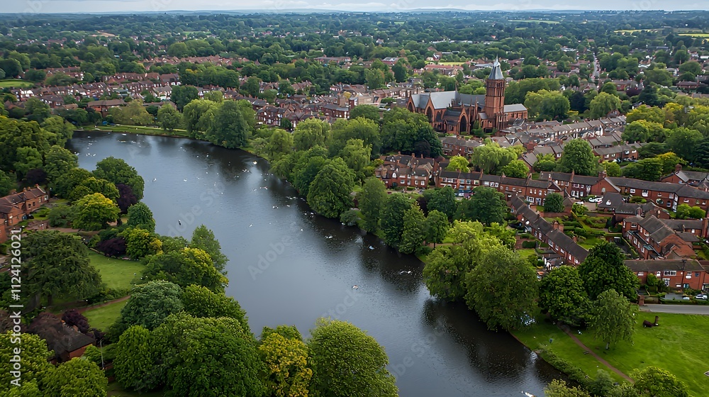 Fototapeta premium Aerial view of a serene river winding through lush greenery and charming homes.