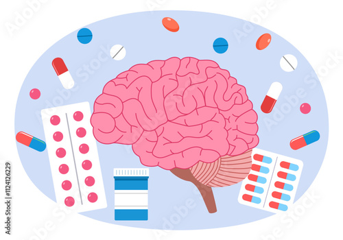 Human brain with pills. Mental health treatment, healthcare and medication vector illustration.