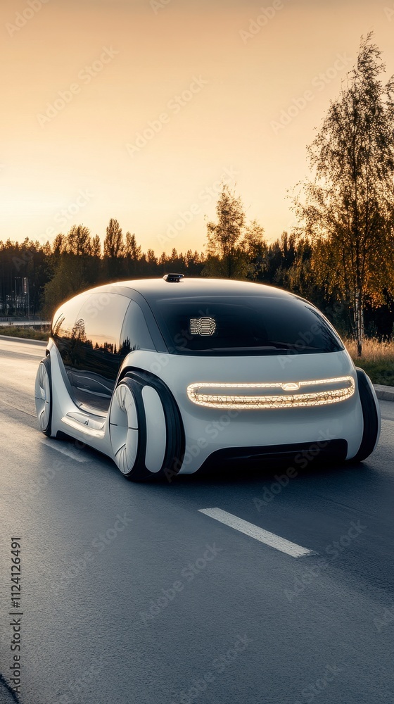 Futuristic self-driving car on serene road at sunset Futuristic self-driving car on serene road at sunset