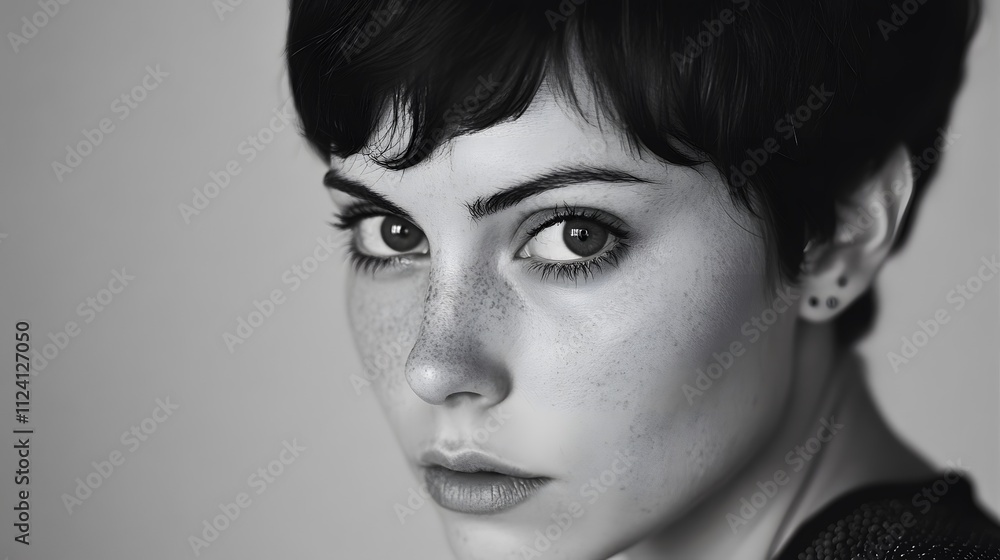 Fototapeta premium A close-up black and white portrait of a young woman