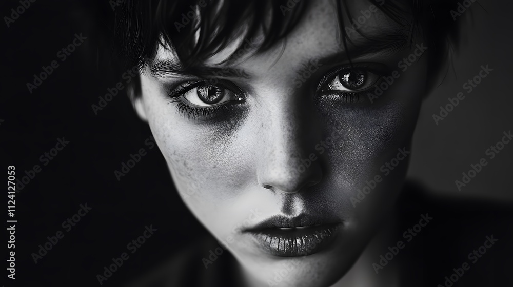 A close-up black and white portrait of a young woman A close-up black and white portrait of a young woman