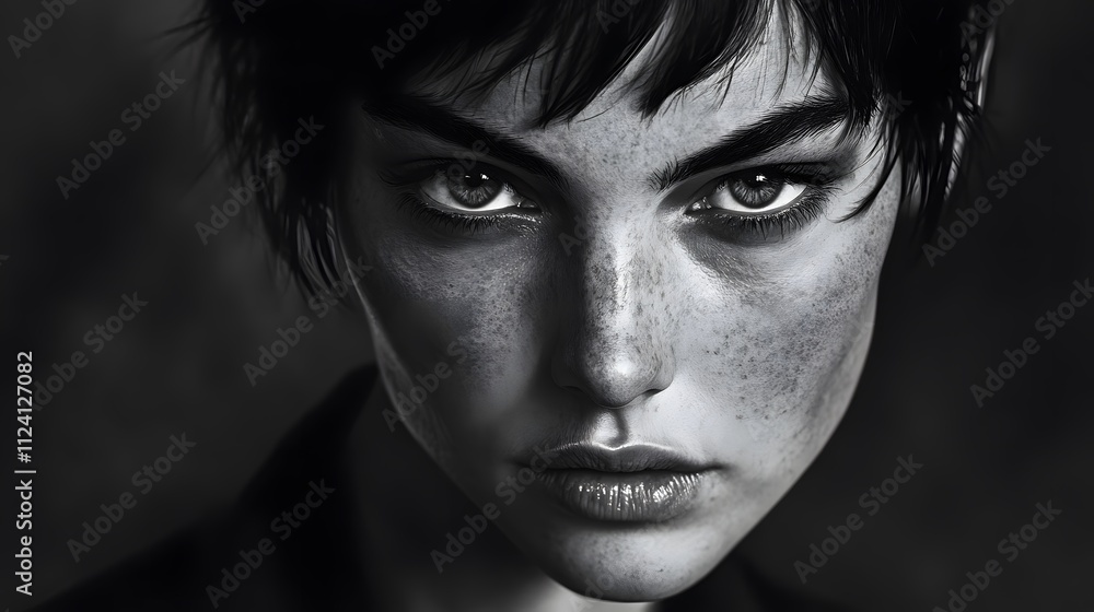 A close-up black and white portrait of a young woman A close-up black and white portrait of a young woman