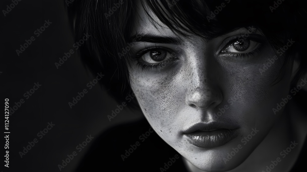 Fototapeta premium A close-up black and white portrait of a young woman