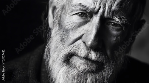 A dramatic black and white portrait of a man