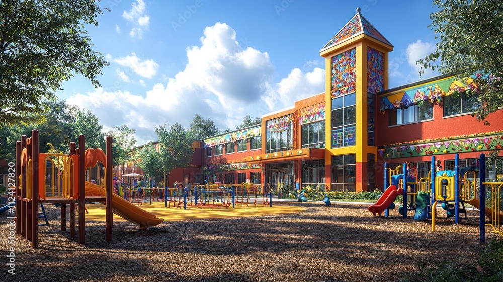 Colorful playground with slides and climbing structures near a school. Colorful playground with slides and climbing structures near a school.
