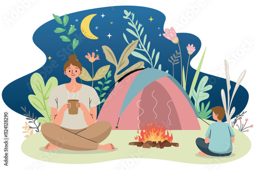 A family camping at night, enjoying a campfire and stargazing under a vibrant night sky surrounded by greenery, vector illustration.