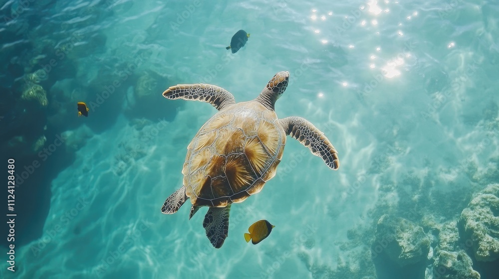 Obraz premium Sea turtle swimming in clear ocean water near coral reef with small fish.