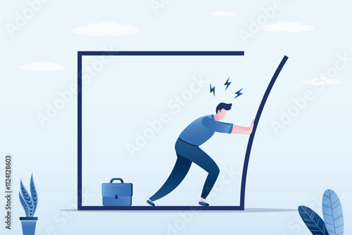 Going beyond limits. Confident business man pushing to break boundary box. Businessman get out of comfort zone for freedom. Overcoming obstacles and achieving goals.