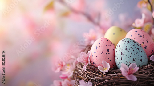 banner Colorful Easter eggs are nestled in a natural nest, surrounded by vibrant spring blossoms.Easter event invitations, seasonal advertisements, greeting cards, social media posts, website banners