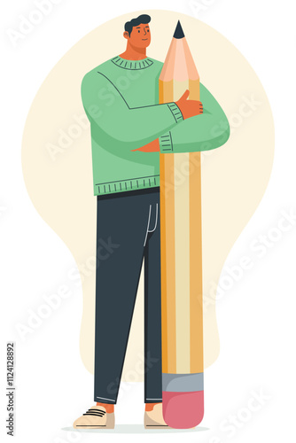 Vector illustration of a man embracing a giant pencil, representing creative thinking, writing, and design concepts.