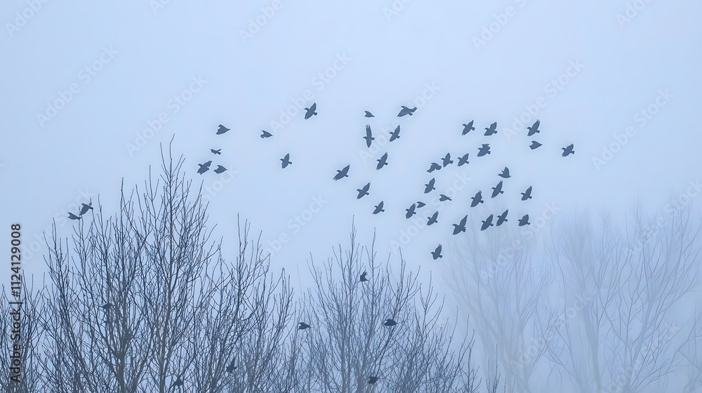 Obraz premium Silhouetted birds flying through a foggy landscape in early morning light.