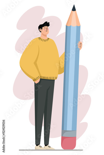 Vector illustration of a man holding a large blue pencil, symbolizing creative thinking, ambition, and design concepts.