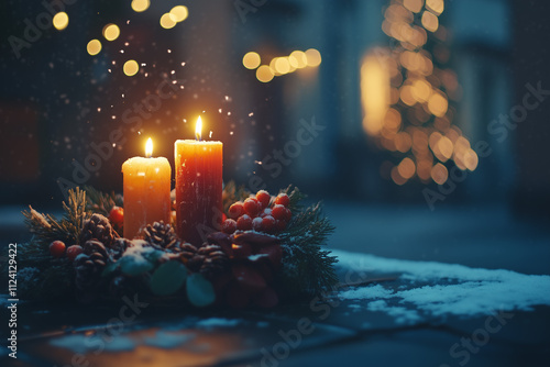 Advent Wreath with Second Candle Lit: Outdoor Christmas Decoration in Snowy Night Scene