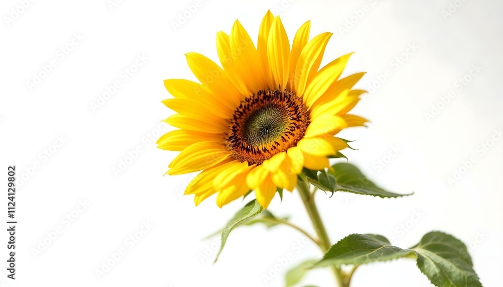 Fototapeta premium sunflower, single, blooming, isolated, white, background, highresolution, flower, nature, botanical, vibrant, yellow, petal, closeup, detailed, realistic, floral, elegant, bright, minimal, fresh,