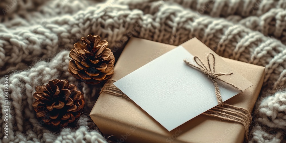 Gold-Wrapped Gift Box on Cozy Christmas Scene with White Envelope Gold-Wrapped Gift Box on Cozy Christmas Scene with White Envelope