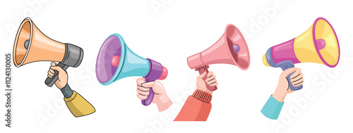Vector illustration of hands holding megaphones in various colors, representing speech, communication, and announcements.
