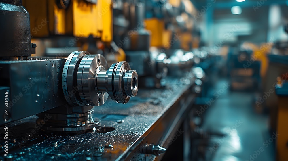 Fototapeta premium Close-up of precision machinery in a factory setting with metallic surfaces and tools.