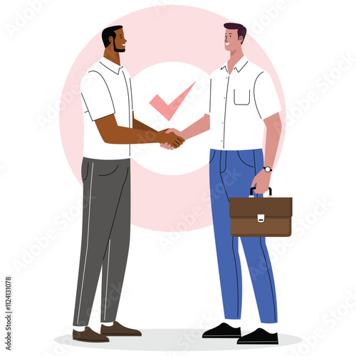 Vector illustration of two businessmen shaking hands with a checkmark in the background, representing success, trust, and partnership.