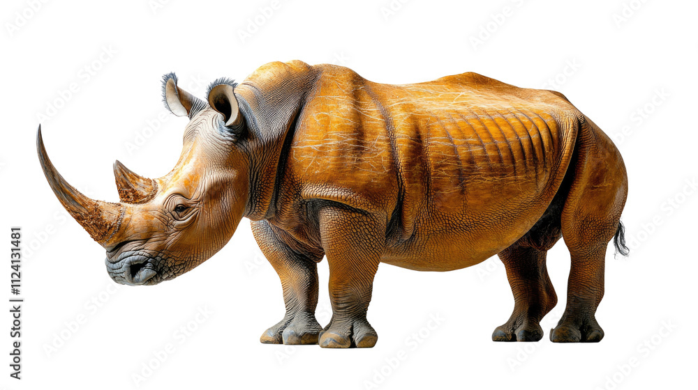 Obraz premium A large rhino isolated on a white background, showcasing its horn and massive size, representing a wild, endangered species