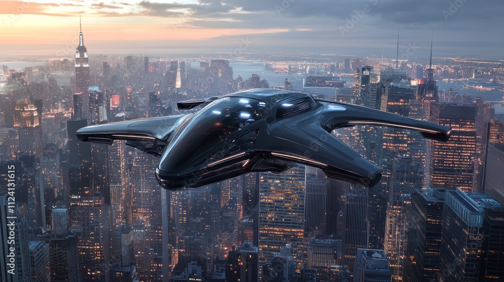 Futuristic black aircraft flying over a cityscape at sunset. Futuristic black aircraft flying over a cityscape at sunset.