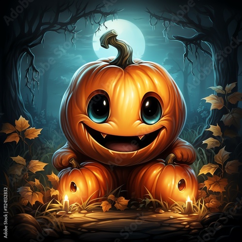 Halloween scene with cute pumpkin laughing cartoon cha