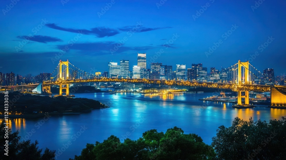 Fototapeta premium Night cityscape with illuminated bridge and skyscrapers.