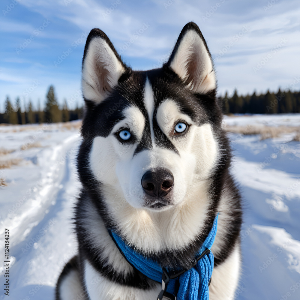 Naklejka premium siberian husky dog in snow