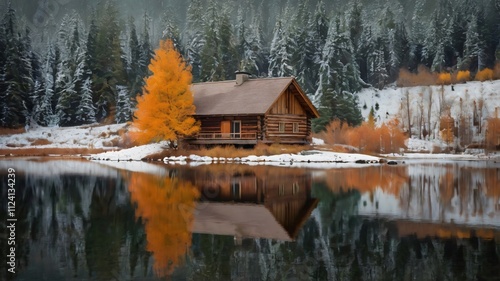 Horizontal, scenic photograph featuring a rustic wooden cabin situated by a tranquil lake.