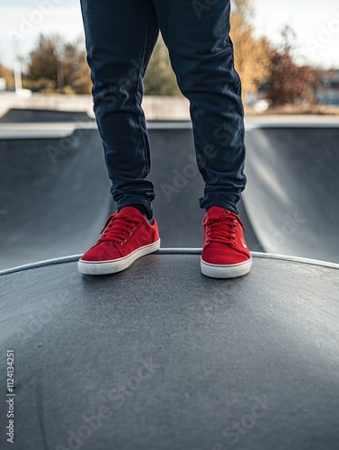 Standing at the top of a skate ramp wearing dark navy straight leg pants with a red shoe photo