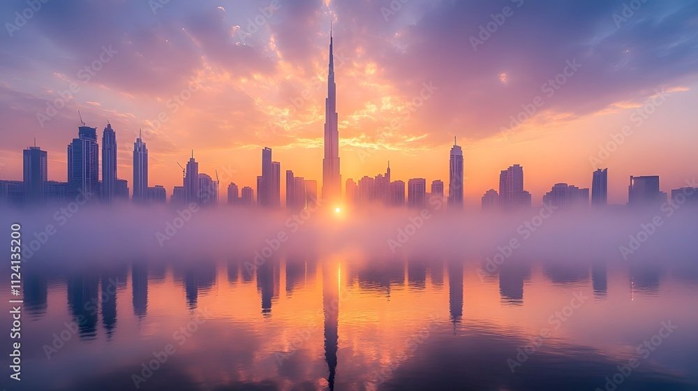 Dramatic sunrise over a skyline featuring towering buildings and reflection in water. Dramatic sunrise over a skyline featuring towering buildings and reflection in water.