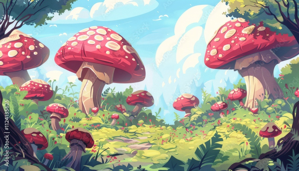 Magical Mushroom Forest. Fantasy Landscape. Enchanted Woodland. Giant Mushrooms, Fairy Tale Forest, Dreamy Landscape. Magical Mushroom Forest. Fantasy Landscape. Enchanted Woodland. Giant Mushrooms, Fairy Tale Forest, Dreamy Landscape.