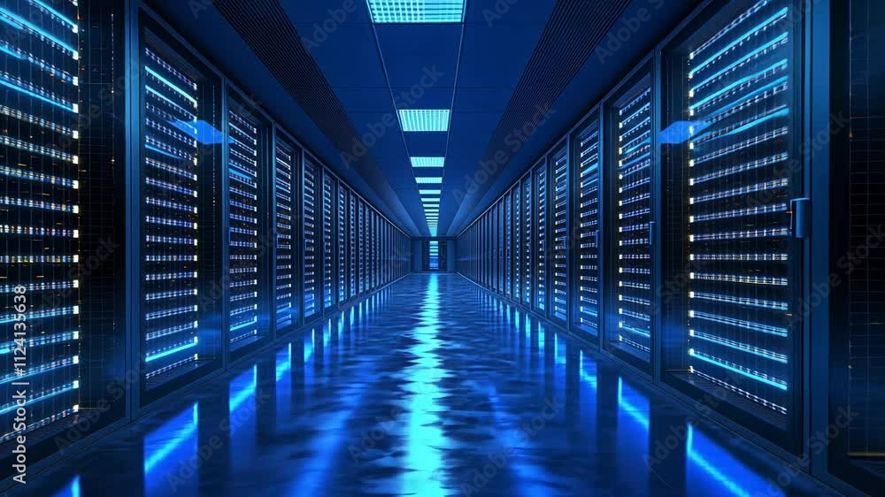 Futuristic Data Center Corridor with Rows of High-Tech Servers and Blue Neon Lighting Futuristic Data Center Corridor with Rows of High-Tech Servers and Blue Neon Lighting