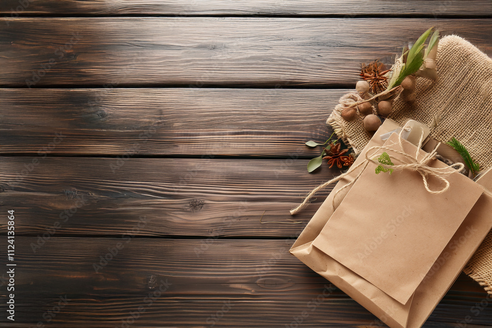 Obraz premium Mockup de sacs en papier kraft avec des motifs naturels, disposés sur un plan de travail en bois, mettant en valeur un design écologique et élégant.