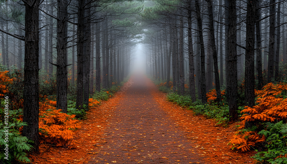 Fototapeta premium Misty path through autumnal pine forest.