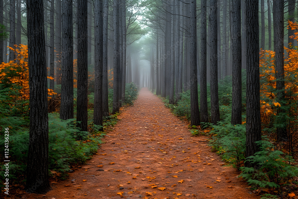 Fototapeta premium Misty path through a pine forest with autumn leaves.