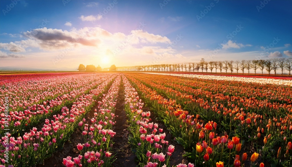 field of tulips in spring. Panoramic landscape of blooming tulips field illuminated in spring. field of tulips in spring. Panoramic landscape of blooming tulips field illuminated in spring.