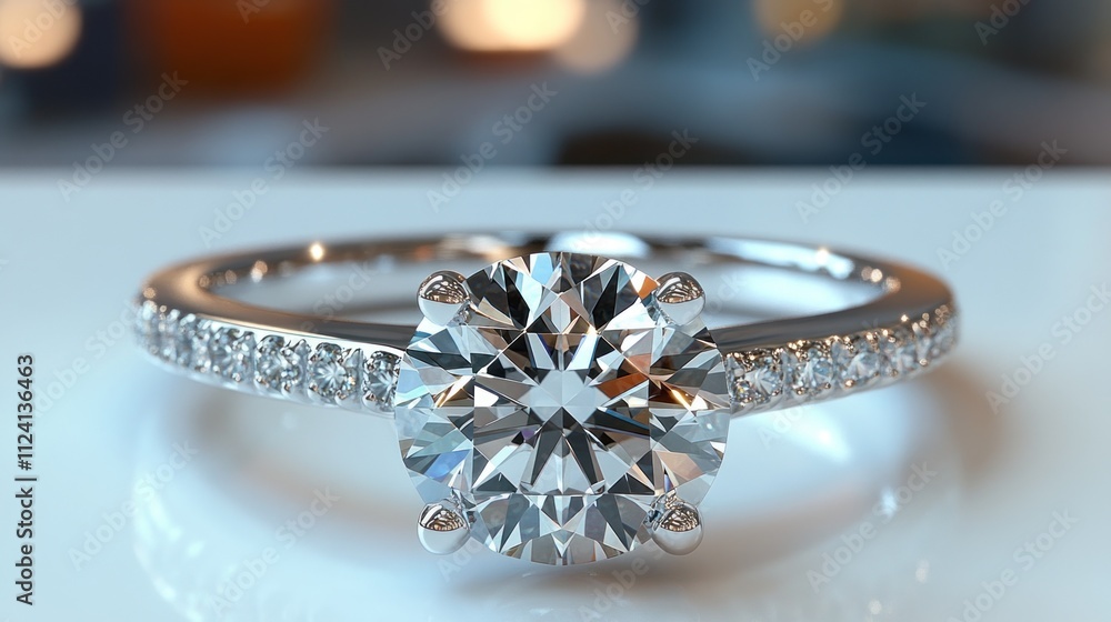 A sparkling diamond engagement ring on a reflective surface. A sparkling diamond engagement ring on a reflective surface.