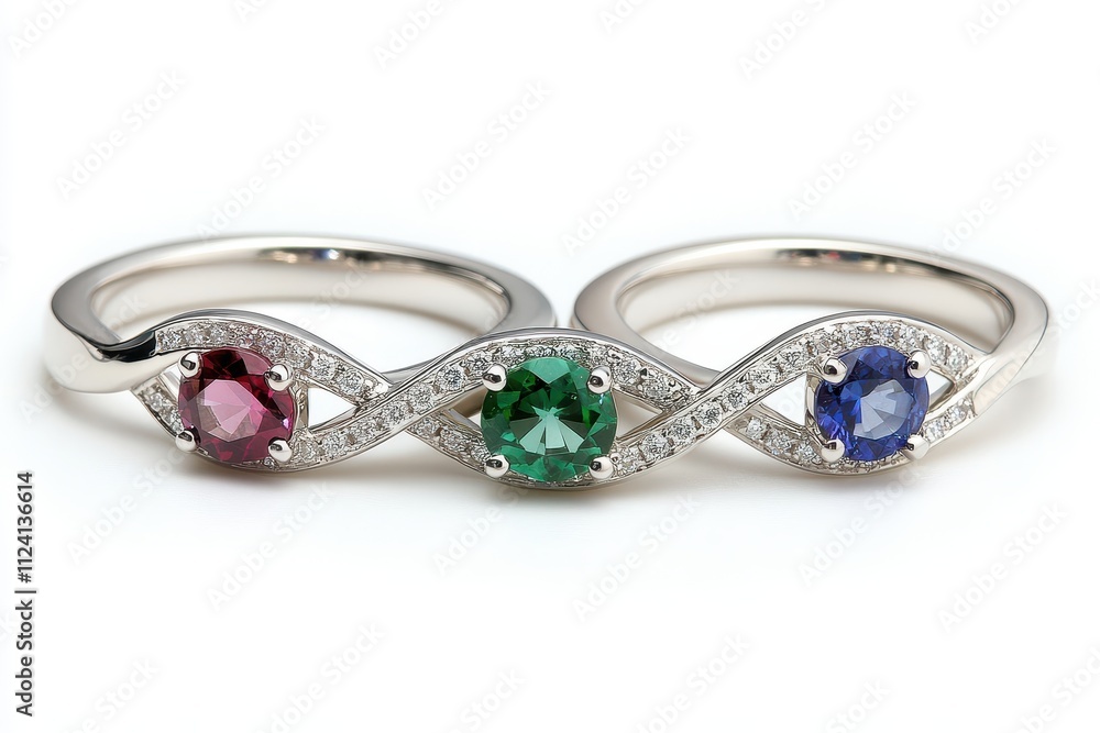 Elegant Tri-Gemstone Infinity Ring: A Symbol of Love's Eternal Bond. Elegant Tri-Gemstone Infinity Ring: A Symbol of Love's Eternal Bond.