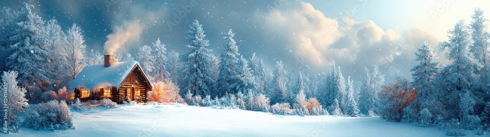 Charming Winter Cabin Amidst Snowy Pines Under Clear Blue Sky Charming Winter Cabin Amidst Snowy Pines Under Clear Blue Sky