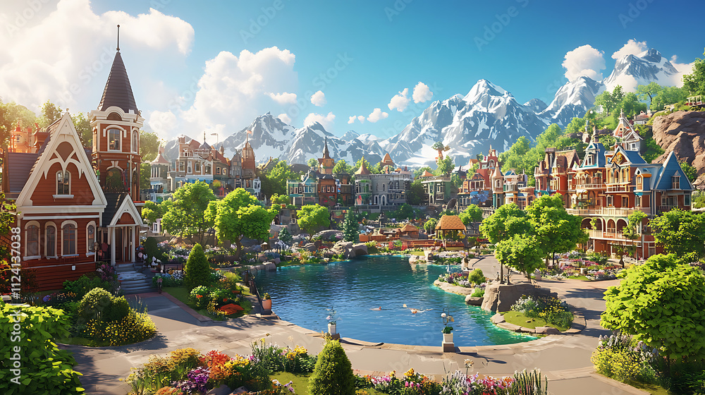 Naklejka premium view of the lake village surrounded by lush greenery and charming houses.