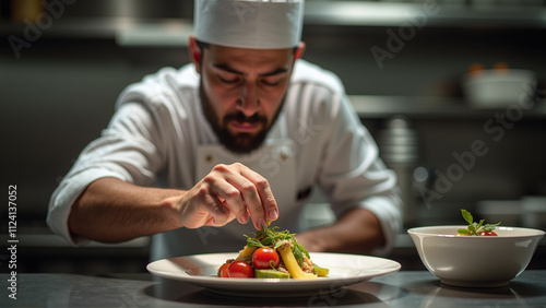 Chef Preparing Gourmet Dish in High-End Restaurant 