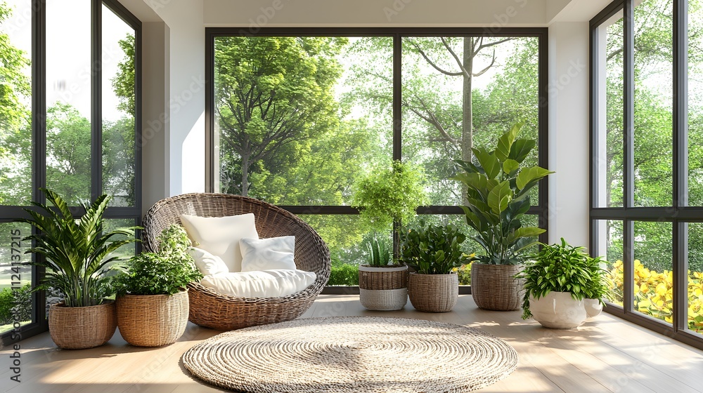 Bright and airy sunroom with greenery and a cozy chair, inviting relaxation. Bright and airy sunroom with greenery and a cozy chair, inviting relaxation.