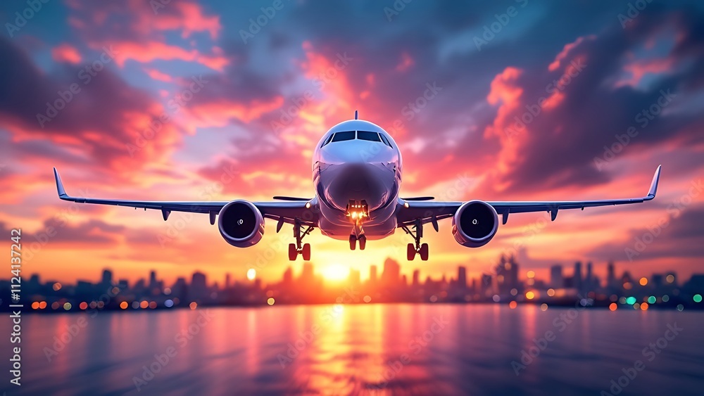 Airplane In Flight At Twilight With Blurred Cityscape Airplane In Flight At Twilight With Blurred Cityscape