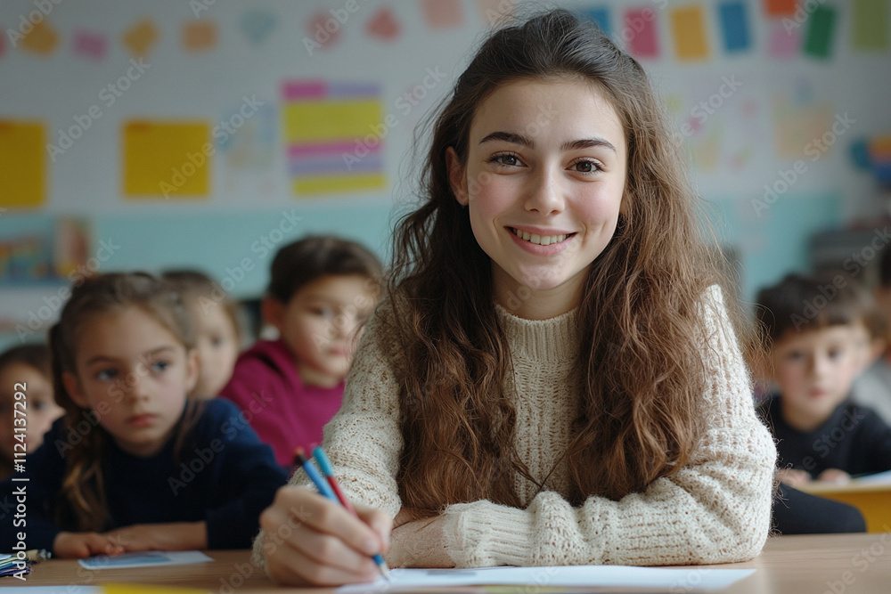 Young student smiles while learning in classroom setting Young student smiles while learning in classroom setting