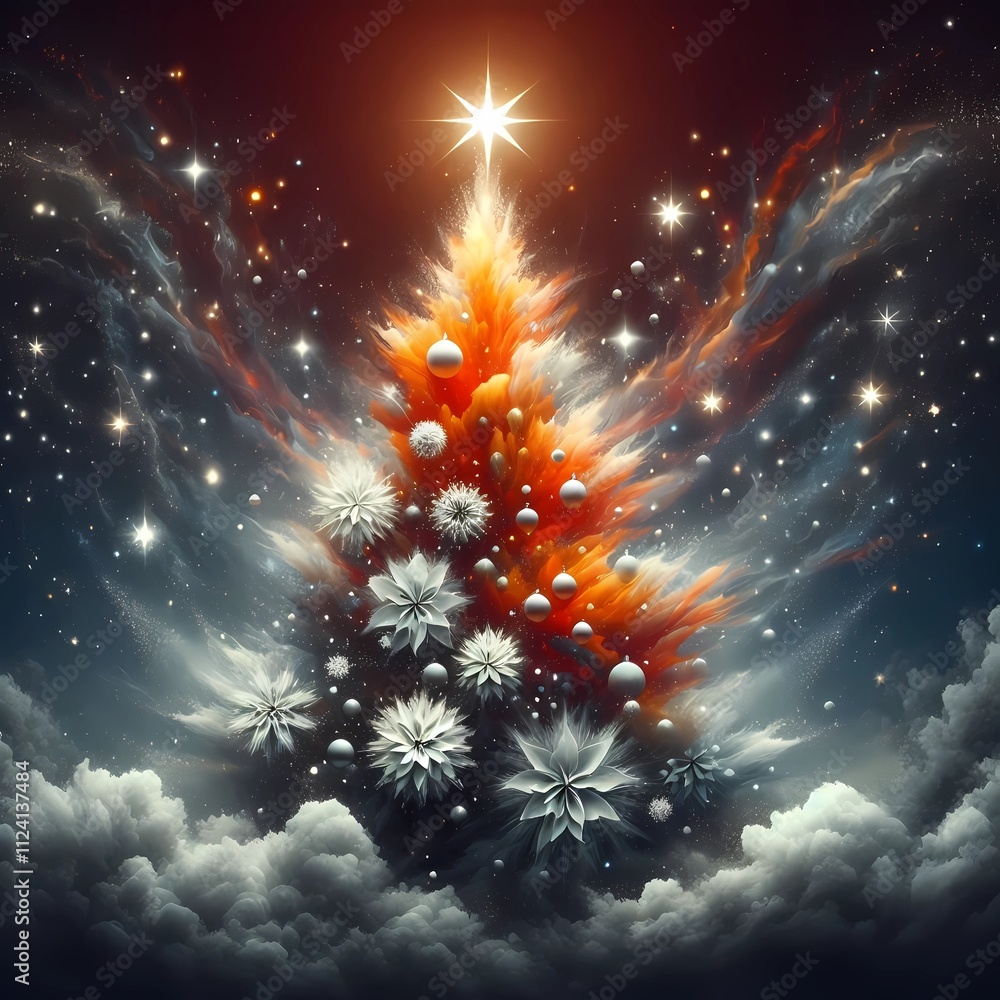Fototapeta premium Christmas tree made of flowers, with exploding stars background, Christmas concept representing the Christmas season. Created with generative A.I.