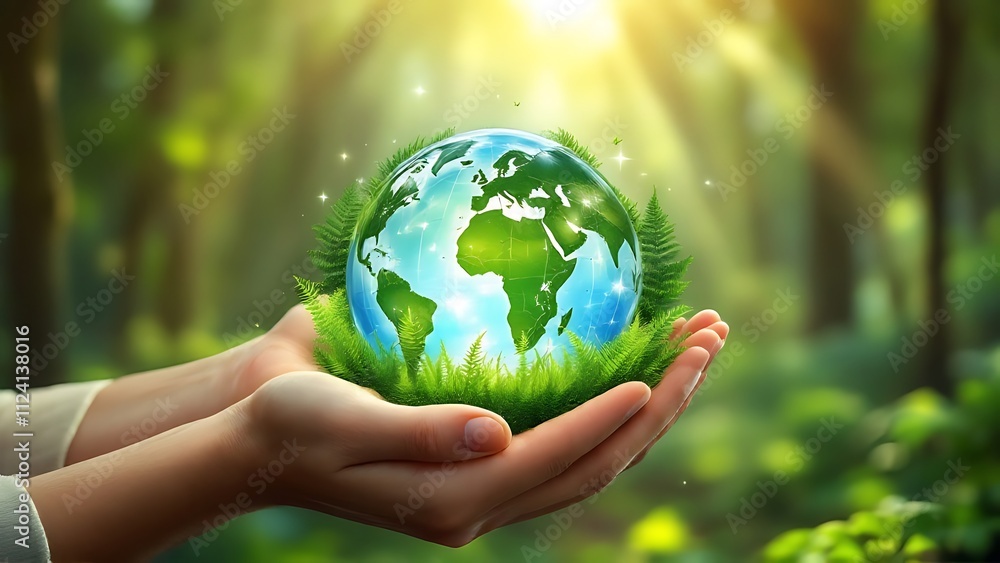 Hands Holding Globe Glass In Green Forest - Environment Concept Hands Holding Globe Glass In Green Forest - Environment Concept