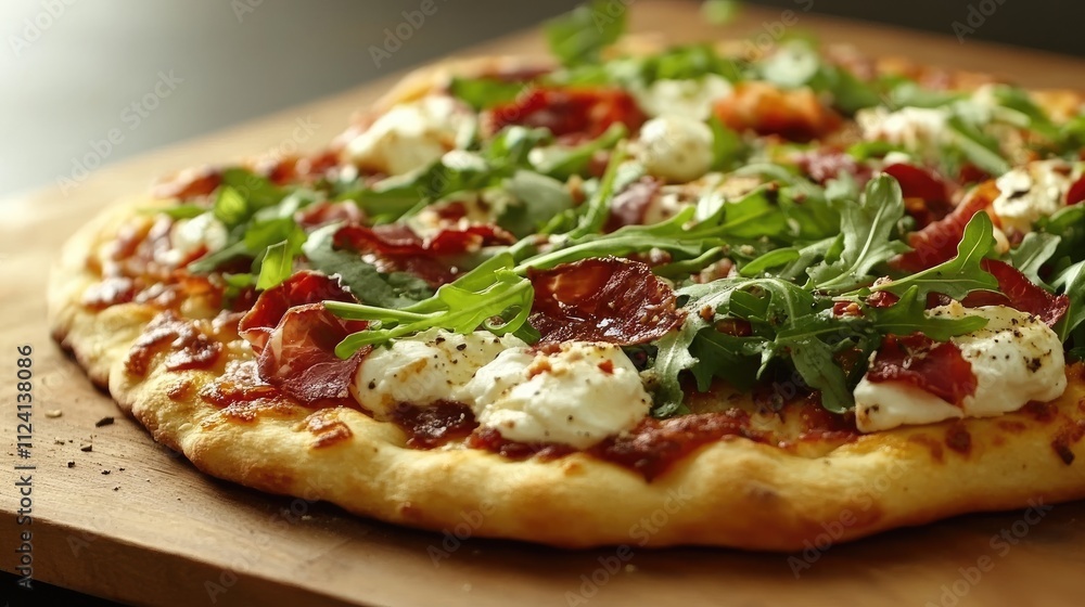 Delicious gourmet pizza with prosciutto, arugula, and creamy cheese on a rustic wooden board. Delicious gourmet pizza with prosciutto, arugula, and creamy cheese on a rustic wooden board.