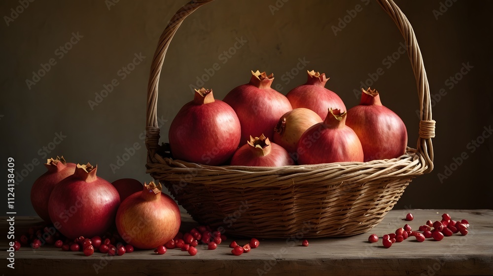 Rustic Basket of Pomegranates on Wooden Table Rustic Basket of Pomegranates on Wooden Table