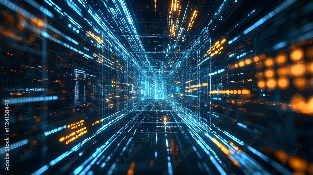 Futuristic abstract data tunnel filled with vibrant blue and orange lights. Futuristic abstract data tunnel filled with vibrant blue and orange lights.
